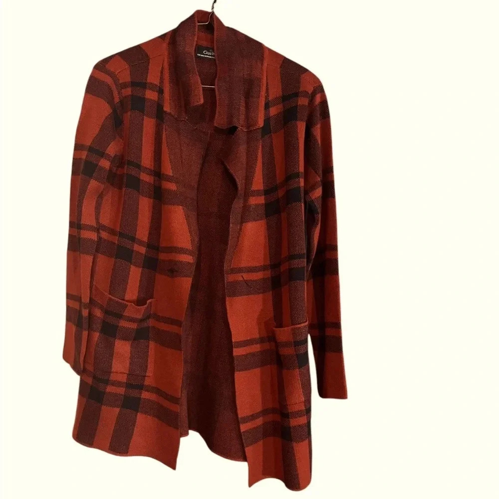 GUILTY ORANGE & BLACK PLAID CARDIGAN - SIZE M, NEW WITHOUT TAGS